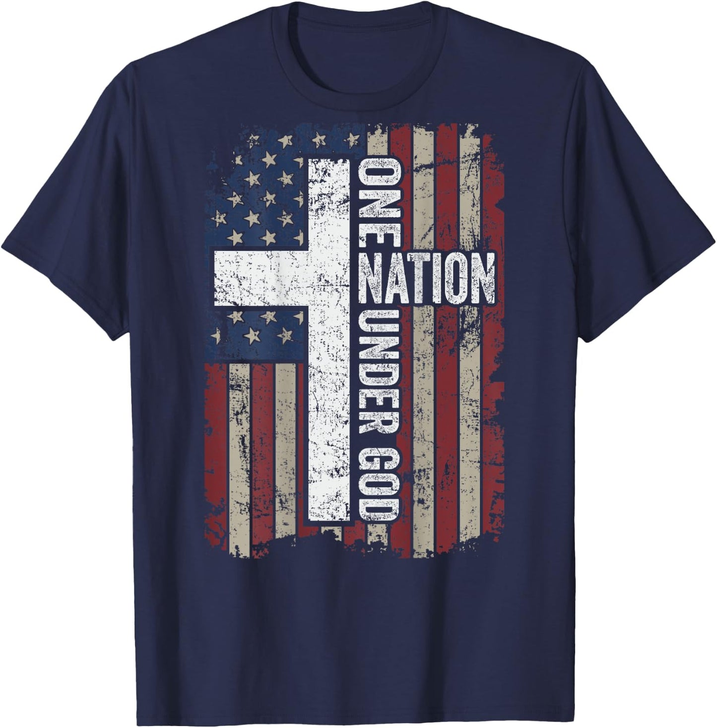 ONE NATION UNDER GOD - Christian Worship USA Flag - ON BACK T-Shirt - T-Shirt | Navy