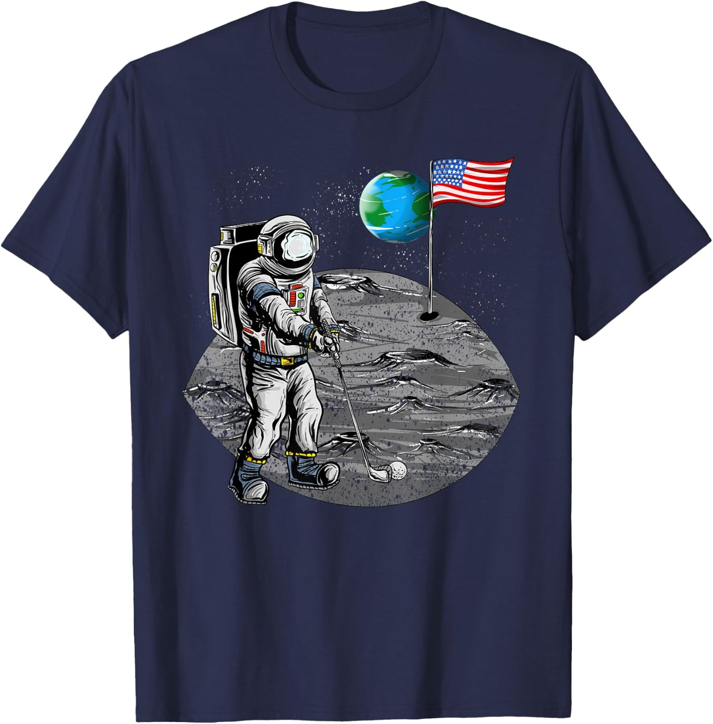 Cute Astronaut Golf US Flag Moon Funny Astronomy Golfer Gift T-Shirt - T-Shirt | Navy