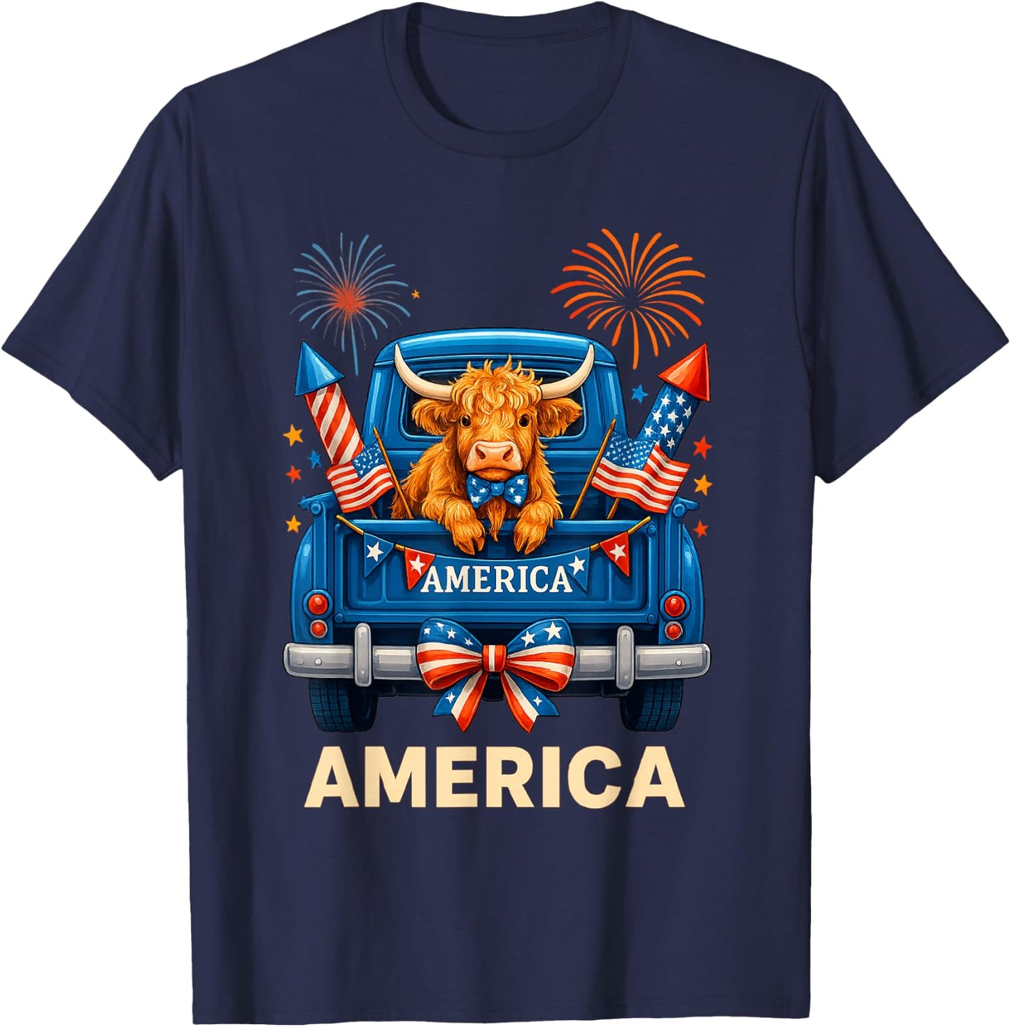 Patriotic Truck Highland Cow Cute 4th of July American Flag T-Shirt - T-Shirt | Navy