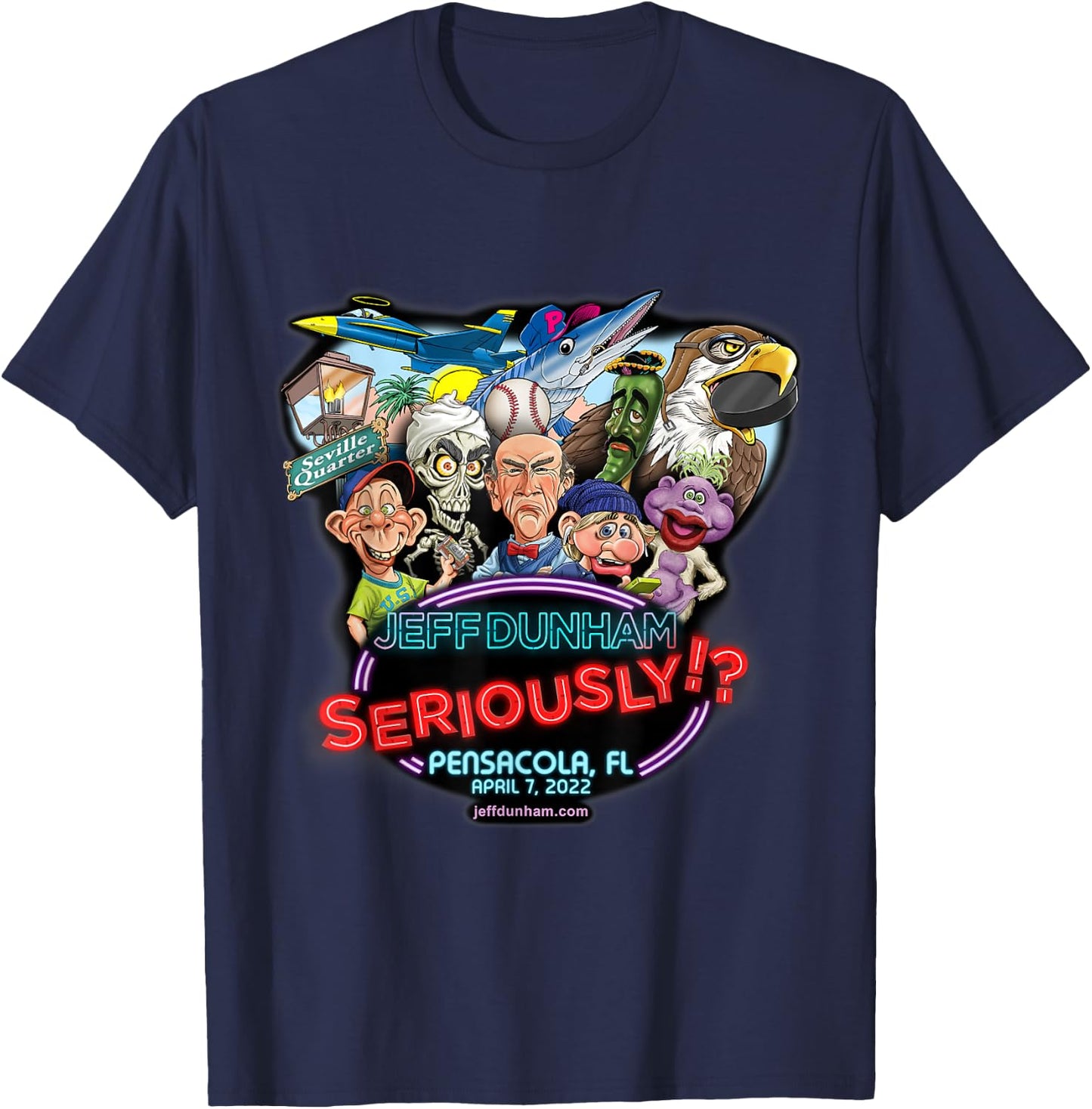 Jeff Dunham -Adults Black Cotton , Small, Short Sleeve, Classic Fit, Pensacola, FL (2022) T-Shirt - T-Shirt | Navy