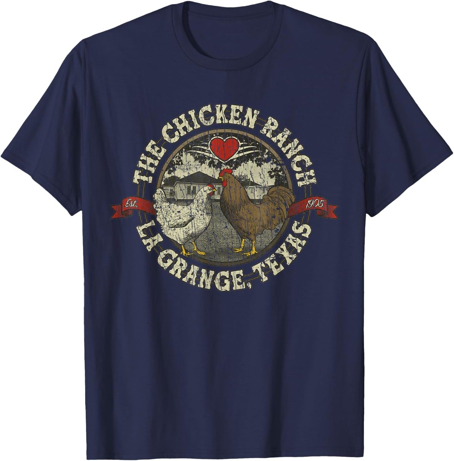 The Chicken Ranch La Grange 1905 Vintage Retro Distressed - Black, Small, Short Sleeve, , Classic Fit, Rayon, Letter Print, Women's, Girls, Casual, All Seasons T-Shirt - T-Shirt | Navy