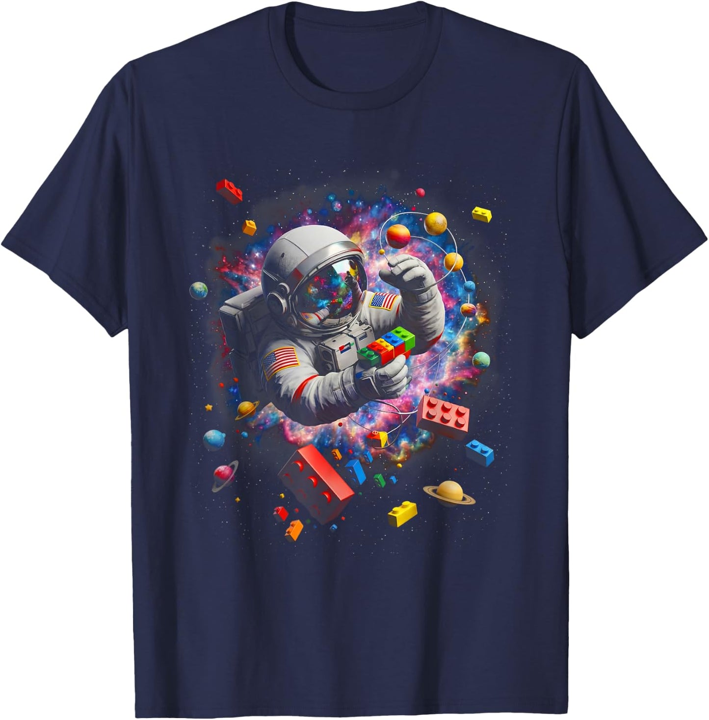 Space Astronaut Colorful Block Building Brick Builder Boys T-Shirt - T-Shirt | Navy