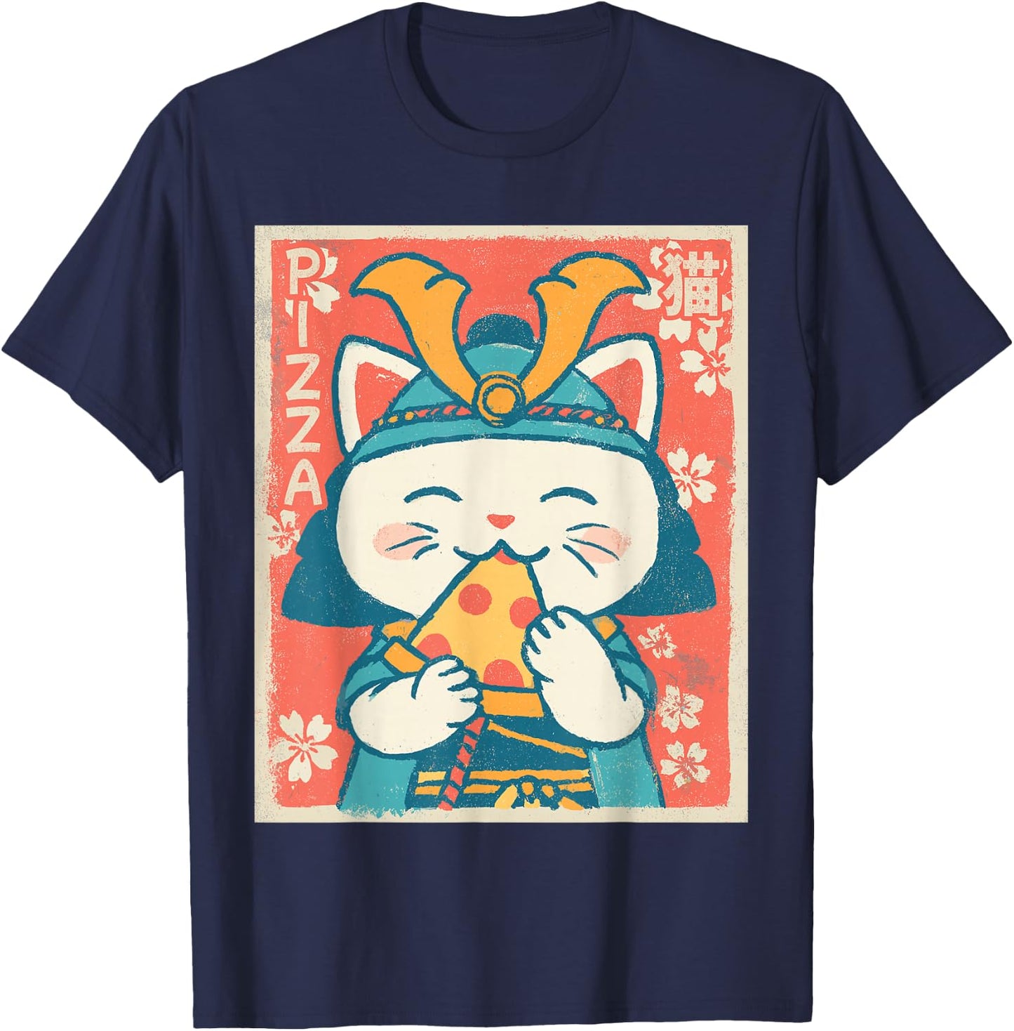 Samurai Cat Eating Pizza – Kawaii Retro Japanese Graphic T-Shirt - T-Shirt | Navy