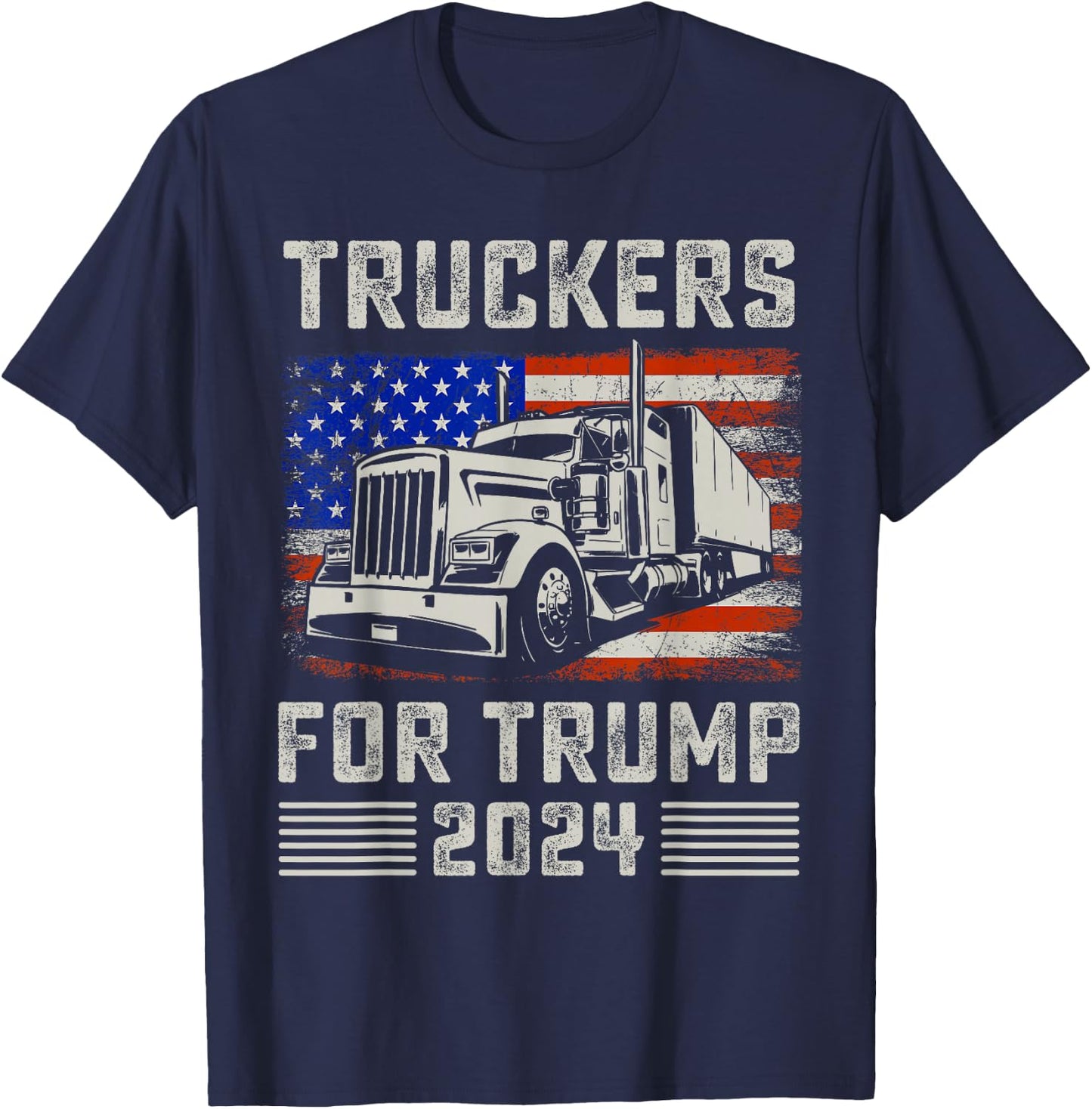 Truckers For Trump American Flag - Trump 2024 Vintage T-Shirt - T-Shirt | Navy