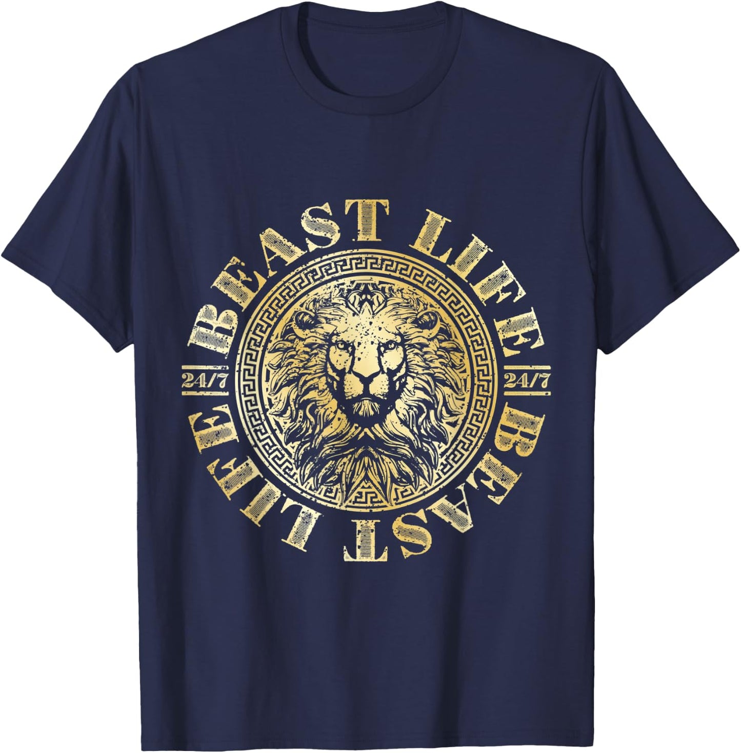 Lion Beast Life Gold Workout Motivation Gym Fitness Hustle T-Shirt - T-Shirt | Navy