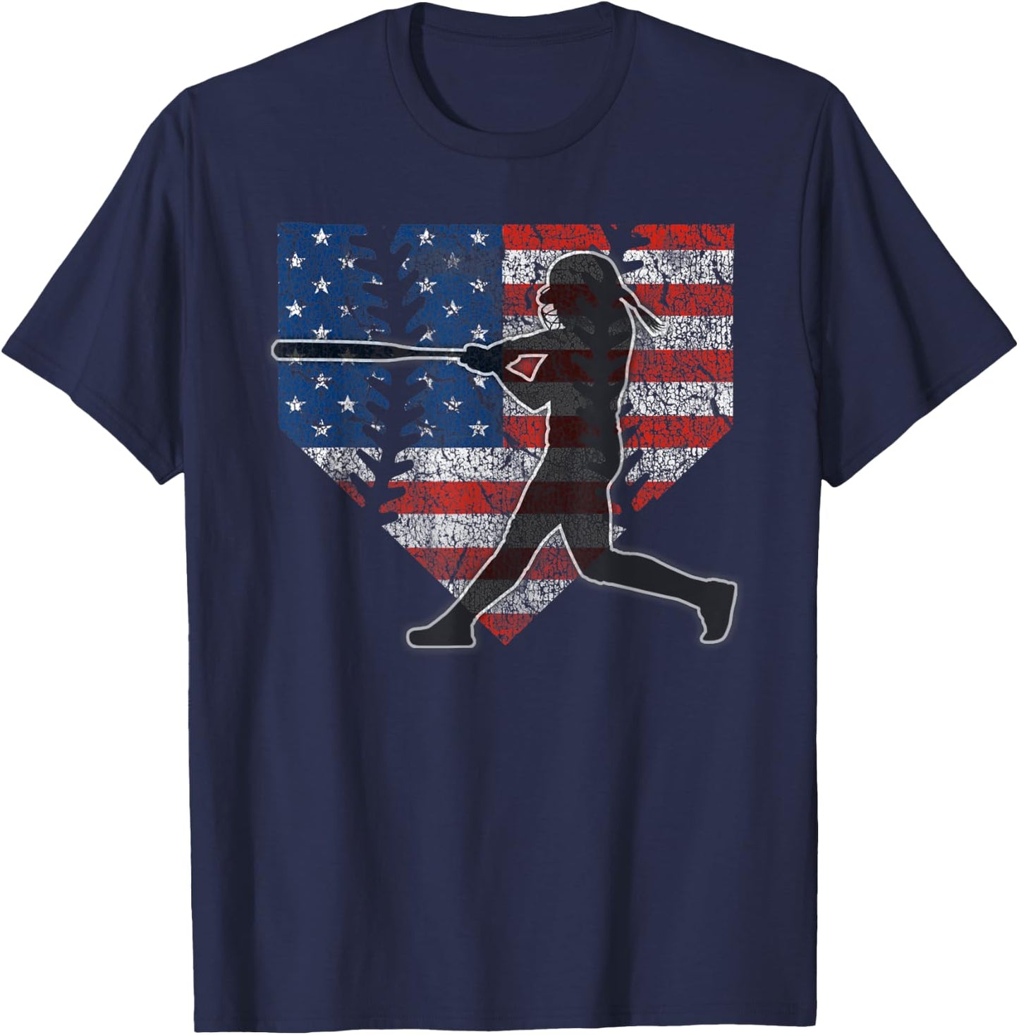Girls Softball Batter American Flag Home Plate T-Shirt - T-Shirt | Navy