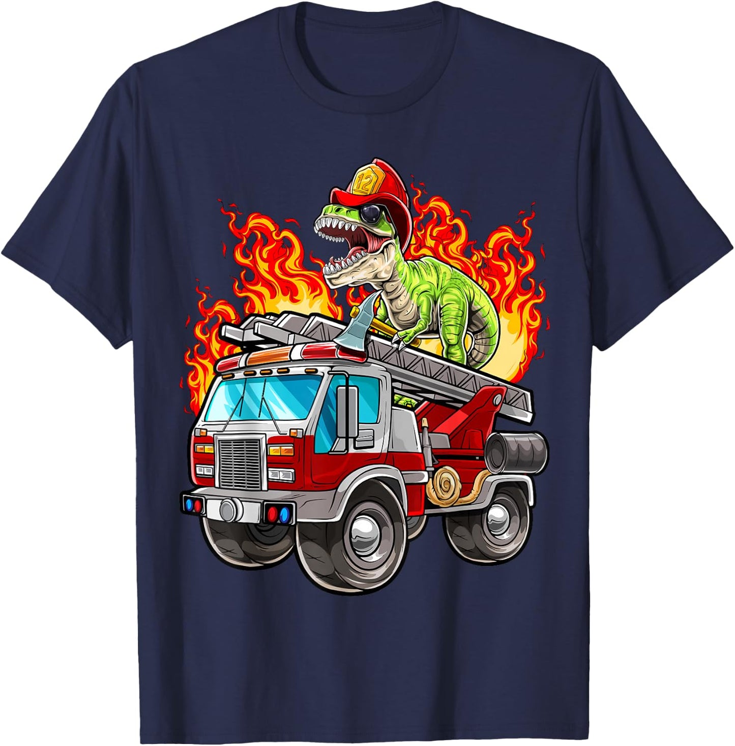 Fireman T Rex Dinosaur Firefighter Hat and Firetruck Boys T-Shirt - T-Shirt | Navy