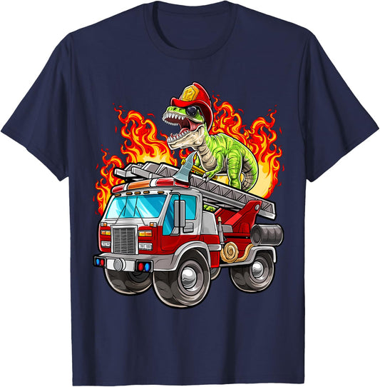 Fireman T Rex Dinosaur Firefighter Hat and Firetruck Boys T-Shirt - T-Shirt | Navy
