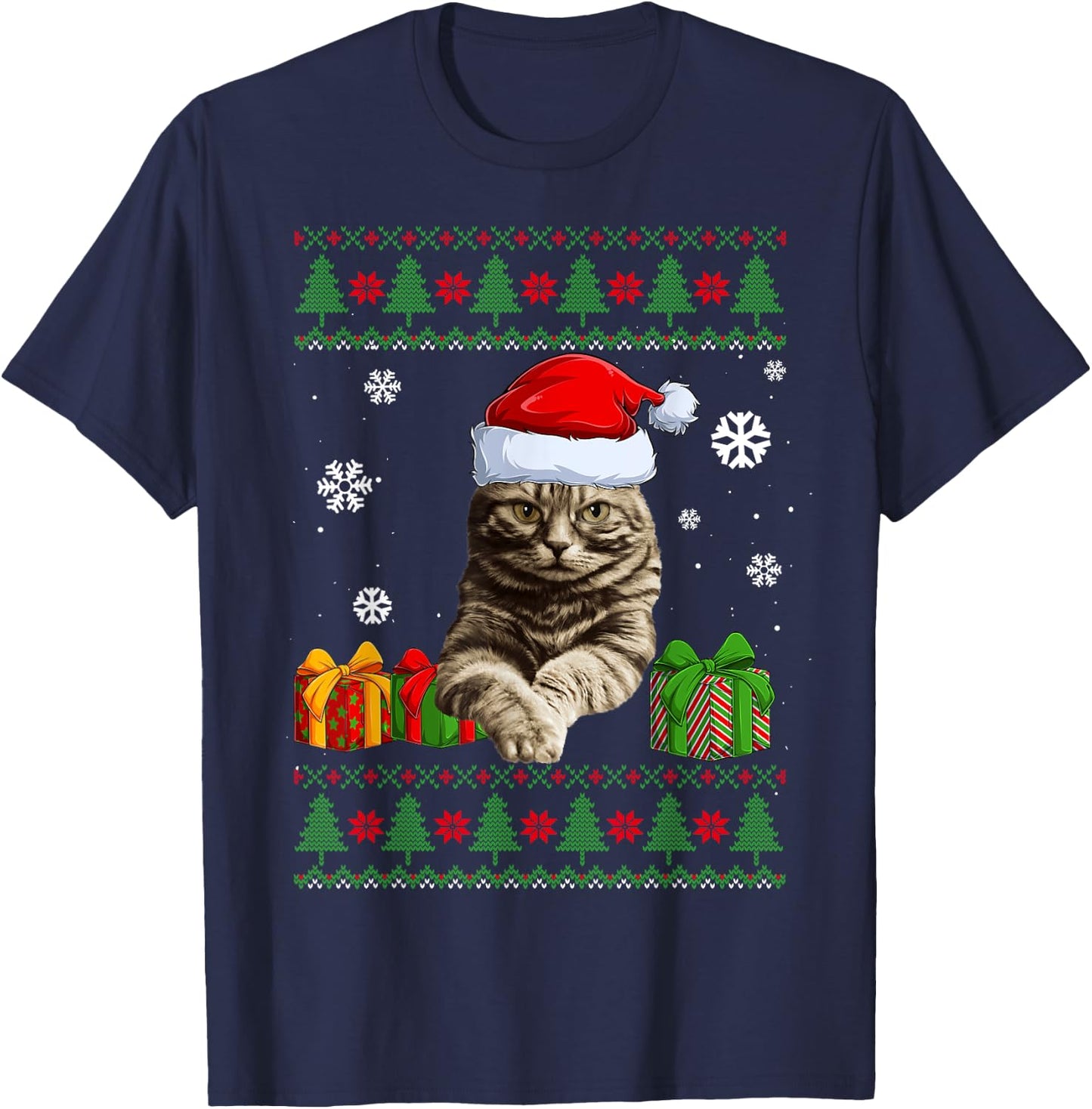 Funny Cat lovers Cute Cat Santa Hat Ugly Christmas Sweater Women Kids T-Shirt - T-Shirt | Navy