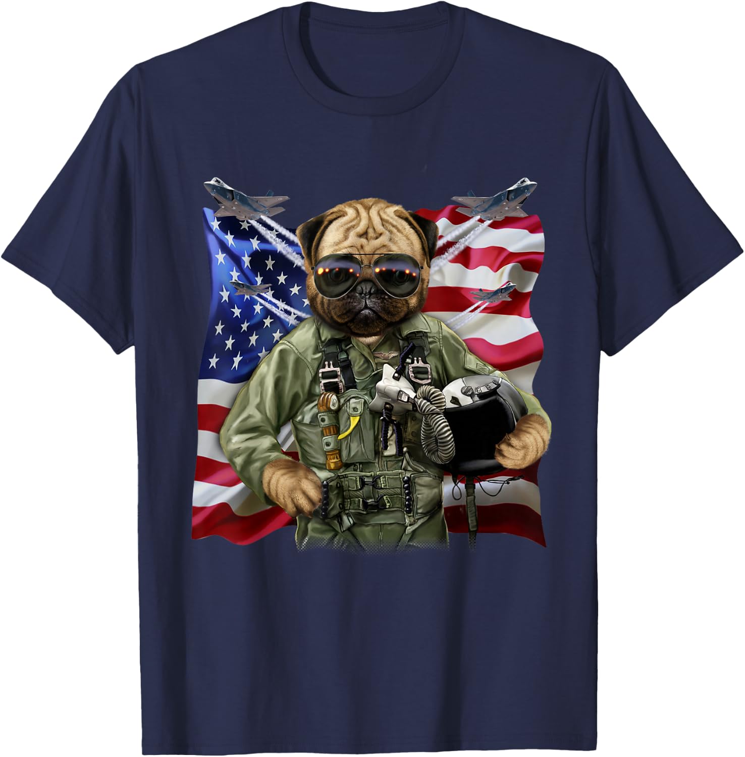 Pug Dog Fighter Jet Pilot with Flag of USA T-Shirt - T-Shirt | Navy