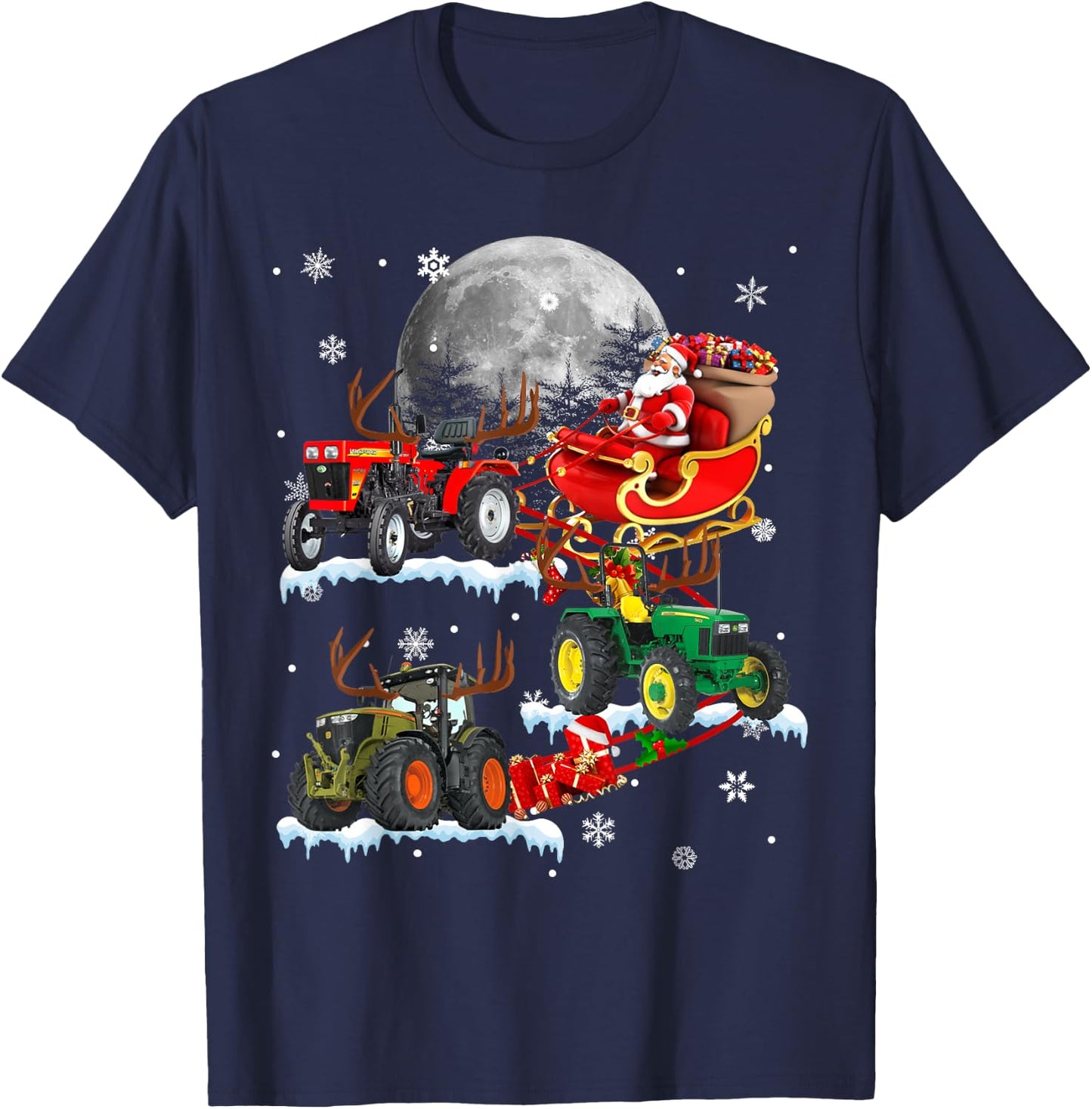 Santa Claus Riding Tractor Sleigh Christmas Tractor Driver T-Shirt - T-Shirt | Navy