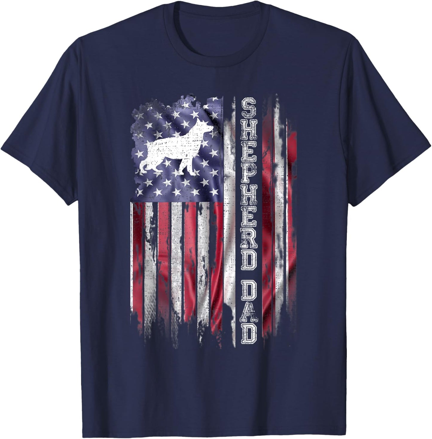 Vintage American Flag Proud German Shepherd Dad Silhouette T-Shirt - T-Shirt | Navy