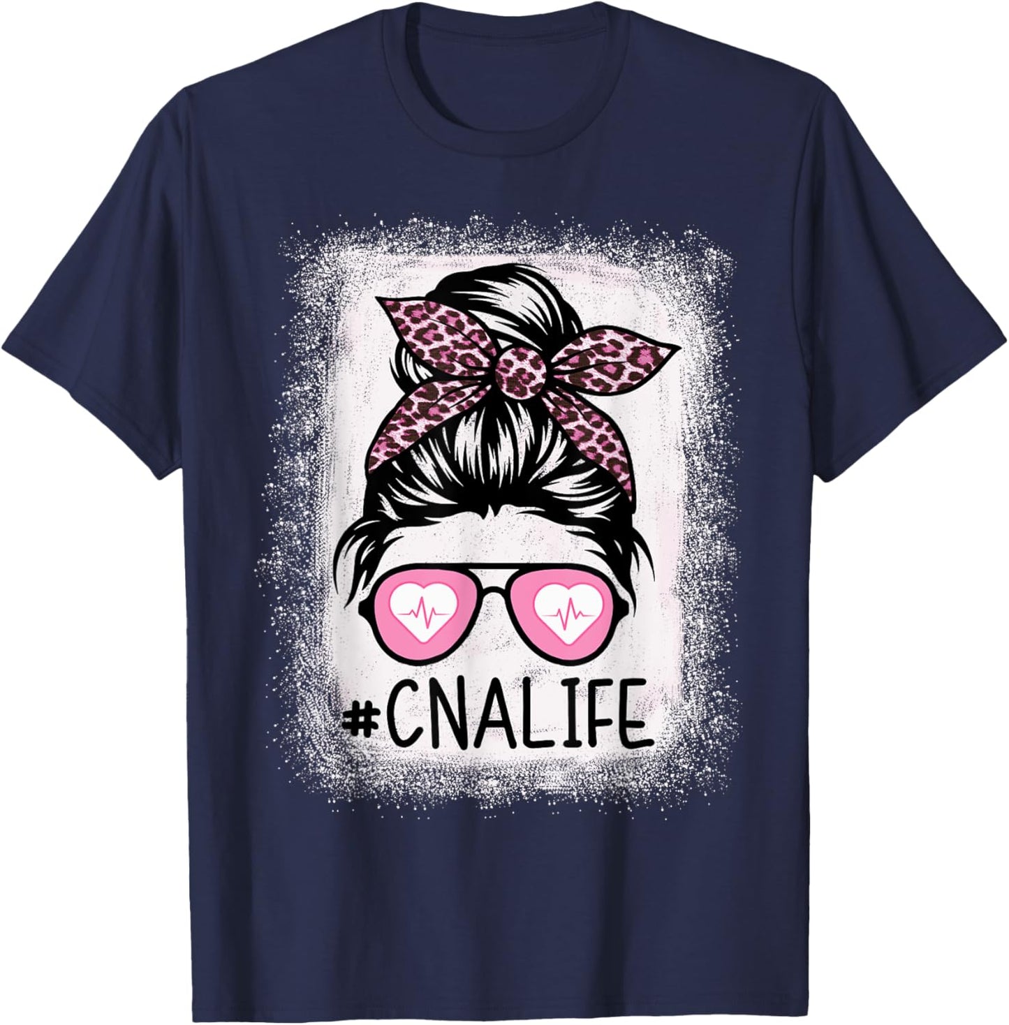 CNA Nurse Life Bleached Shirts Pink Leopard Messy Bun T-Shirt - T-Shirt | Navy