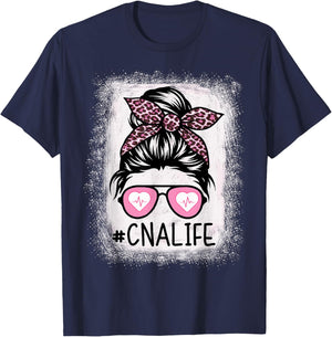 CNA Nurse Life Bleached Shirts Pink Leopard Messy Bun T-Shirt - T-Shirt | Navy