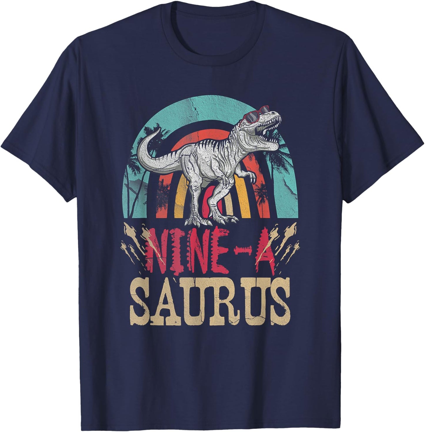 Kids 9 Year Old Dinosaur Birthday 9th T Rex Dino Nine Saurus T-Shirt - T-Shirt | Navy