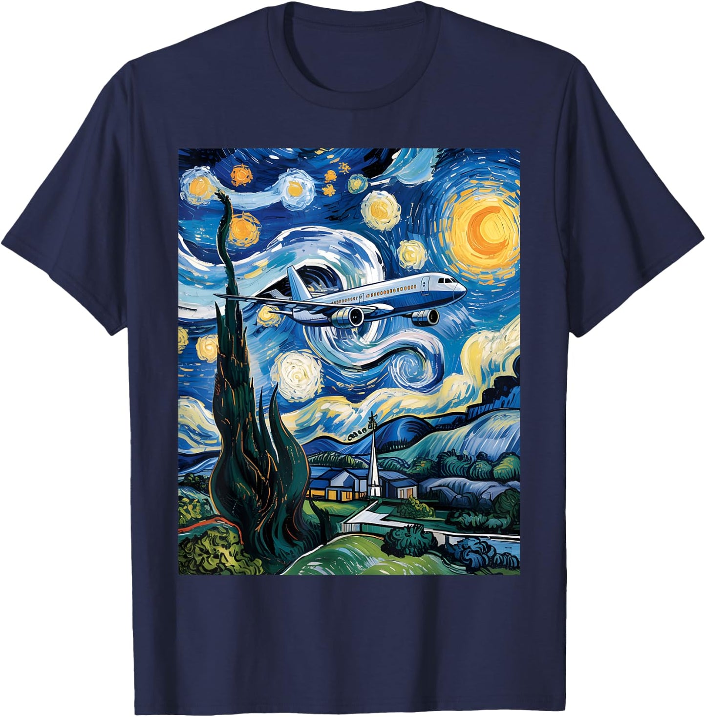 Airplane Starry Night Van Gogh Graphic Aviation Plane Pilot T-Shirt - T-Shirt | Navy