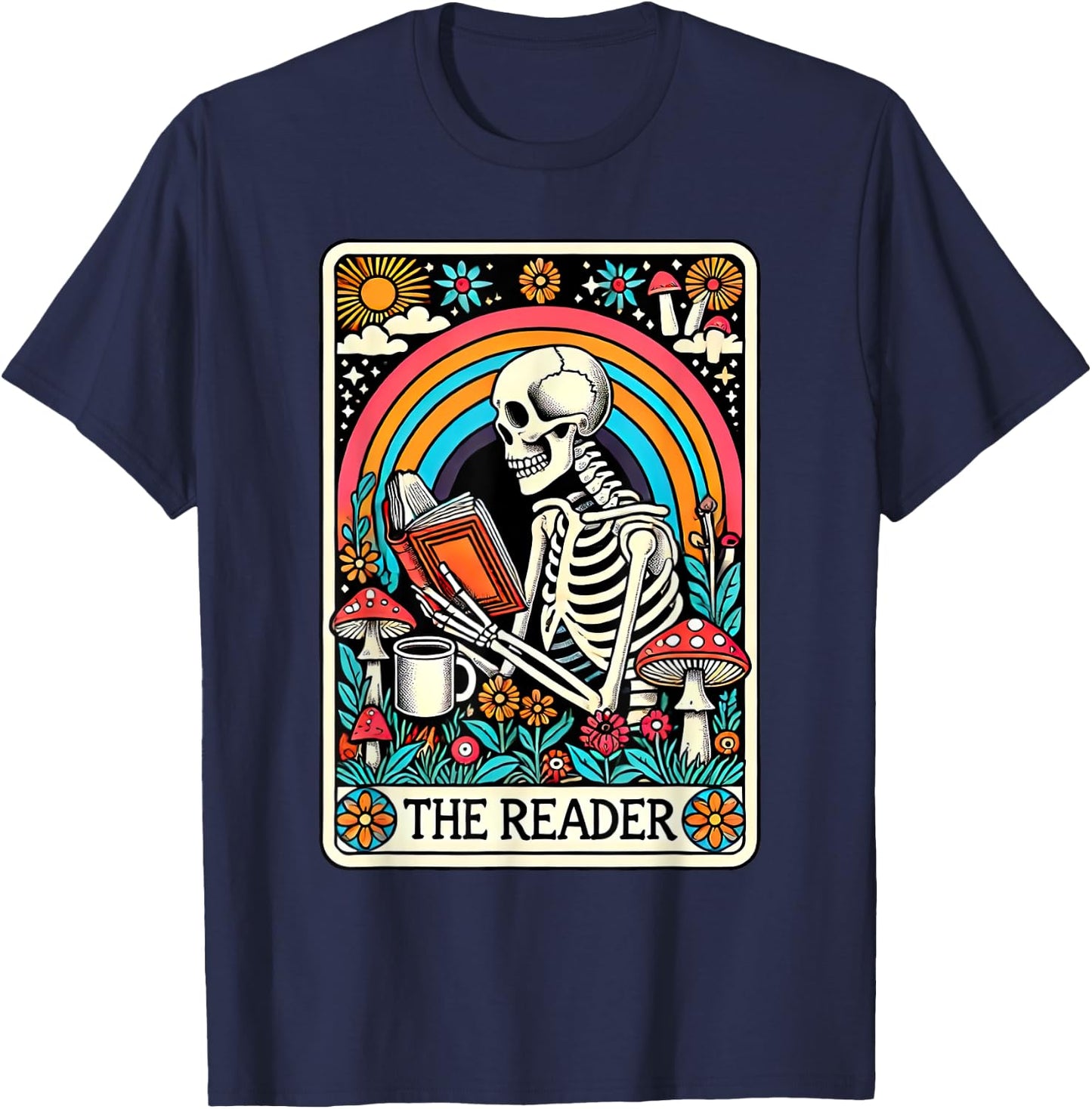 The Reader Tarot Card Skeleton Reading Book Bookworm Bookish T-Shirt - T-Shirt | Navy