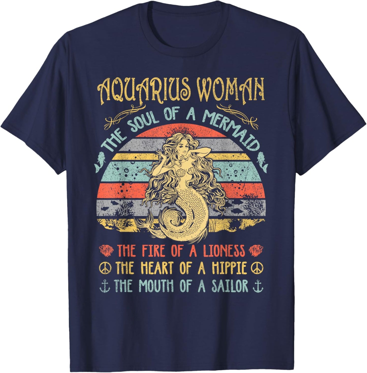 Aquarius Woman The Soul Of A Mermaid Vintage Birthday T-Shirt - T-Shirt | Navy