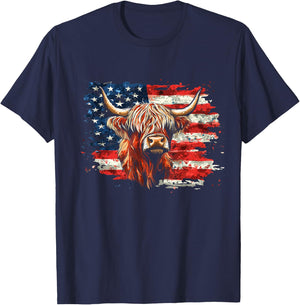 Patriotic Highland Cow American Flag 4th Of July Farm Animal T-Shirt - T-Shirt | Navy