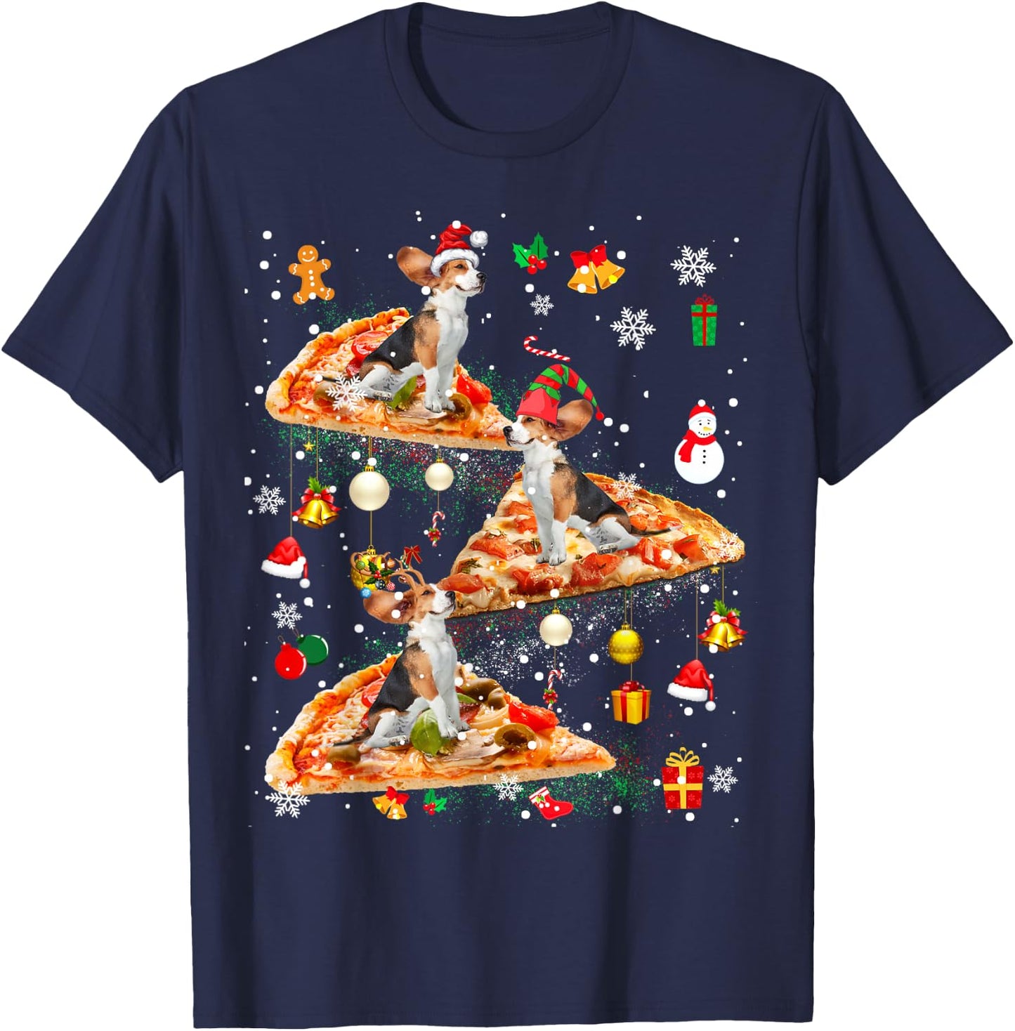 Santa Reindeer Elf Beagle Riding Pizza Galaxy Ornaments T-Shirt - T-Shirt | Navy