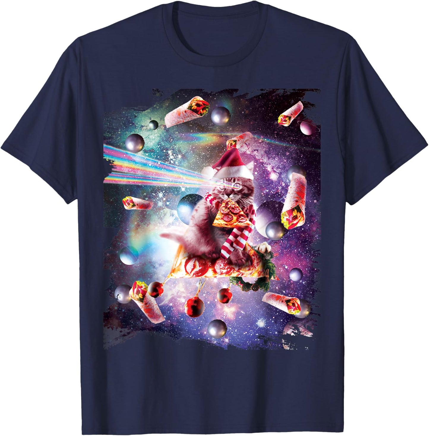 Christmas Space Cat Eating Pizza - Laser Eyes Xmas X-Mas Women Kids T-Shirt - T-Shirt | Navy