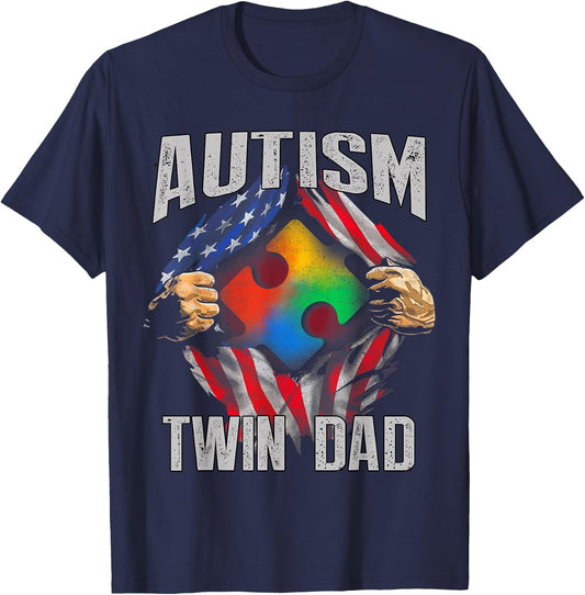Autism Twin Dad American Flag Autism Awareness Men T-Shirt - T-Shirt | Navy