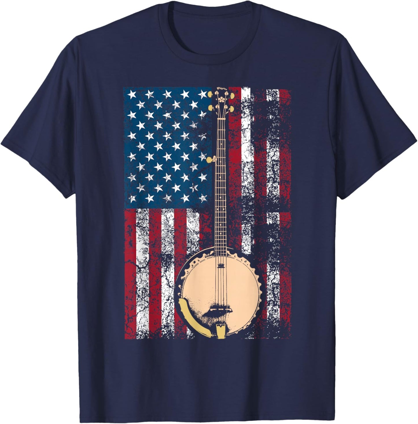 Cool USA Country Musical Instruments America Art Banjo In American Flag Bluegrass | Cute Fiddle Players Gift T-Shirt - T-Shirt | Navy