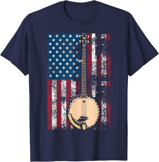 Cool USA Country Musical Instruments America Art Banjo In American Flag Bluegrass | Cute Fiddle Players Gift T-Shirt - T-Shirt | Navy