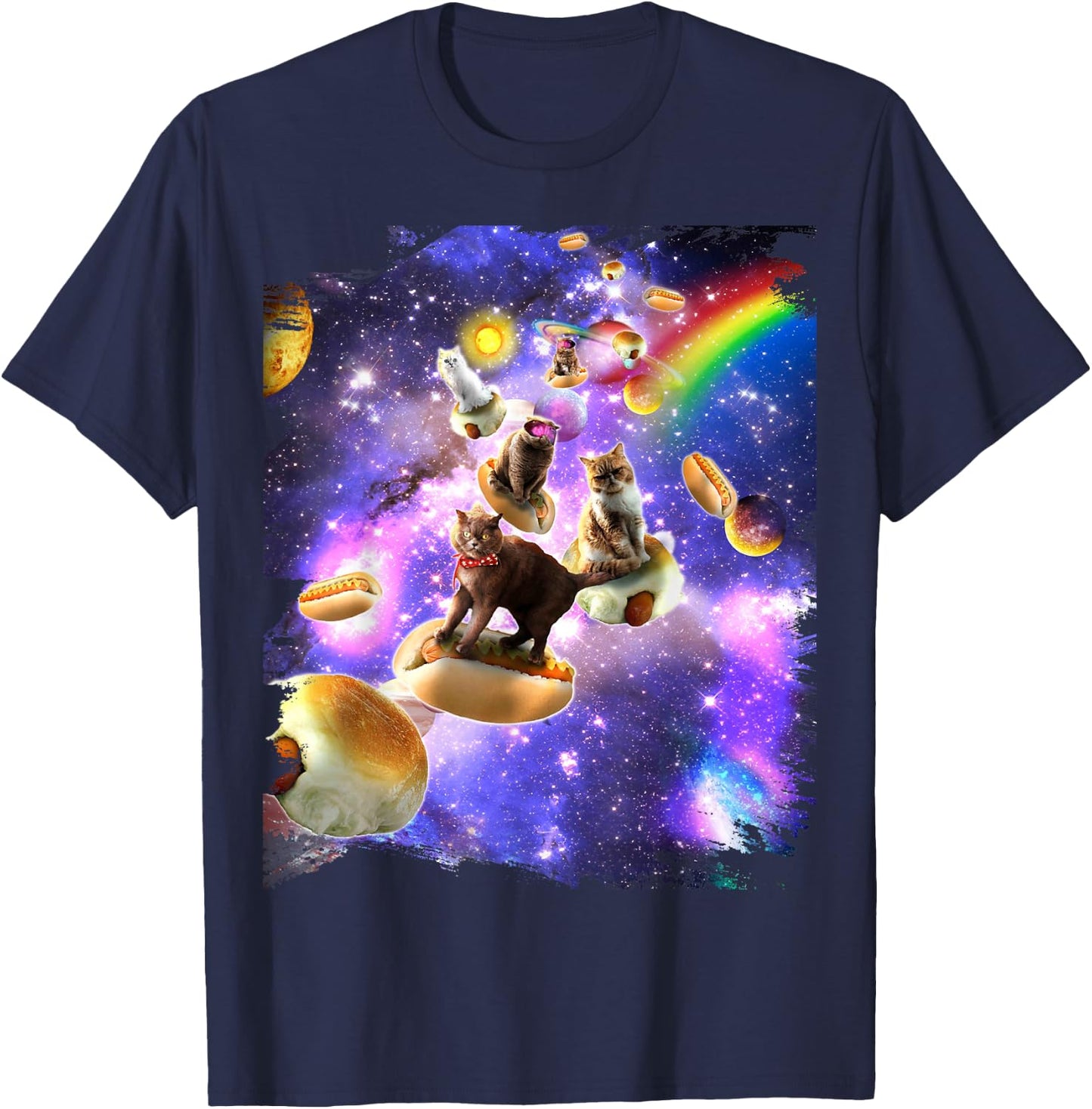 Space Cats Riding Hot Dogs Cat In Rainbow Galaxy T-Shirt - T-Shirt | Navy