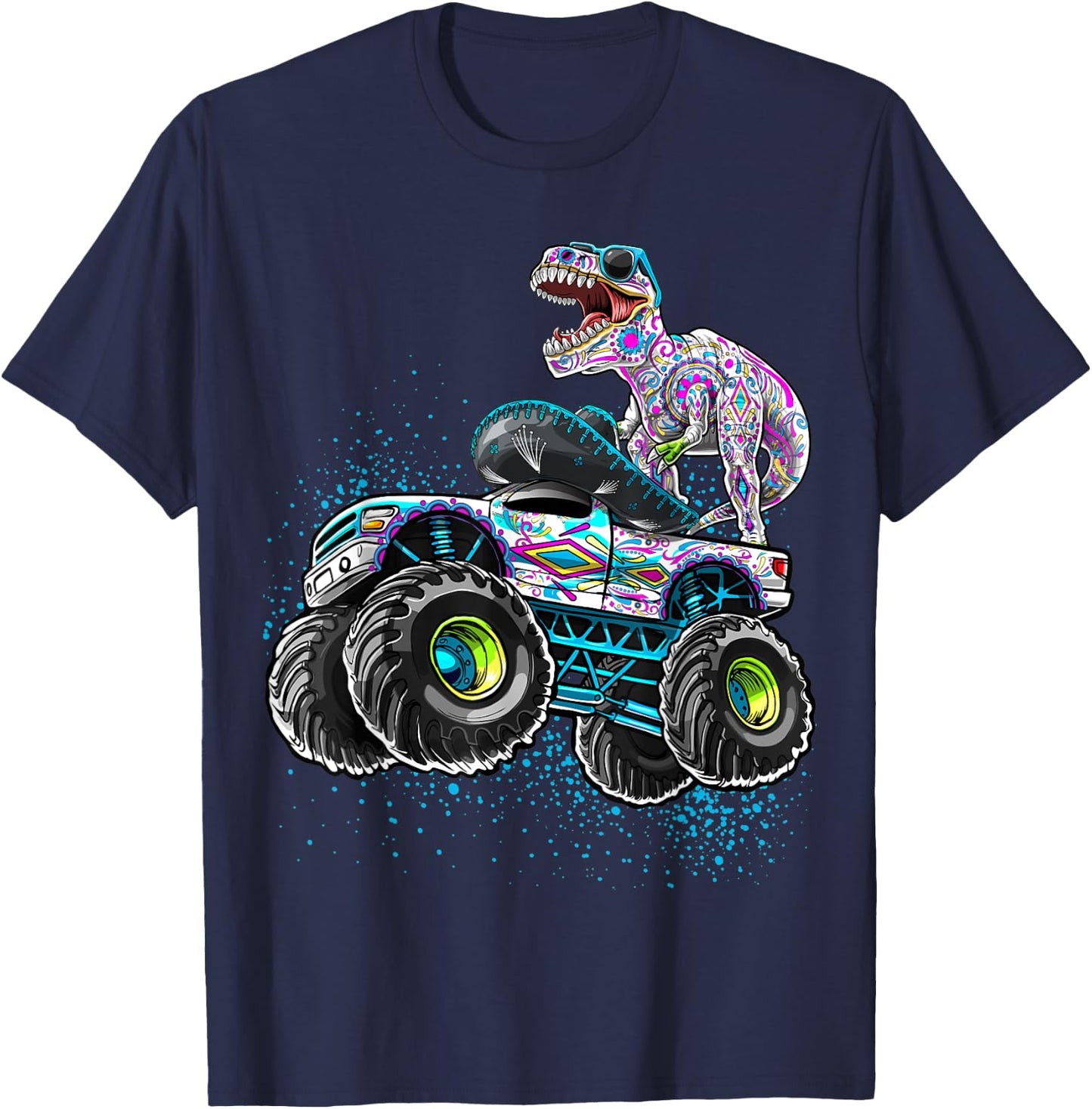 Day of the Dead Monster Truck Dinosaur Sugar Skull Boys T-Shirt - T-Shirt | Navy