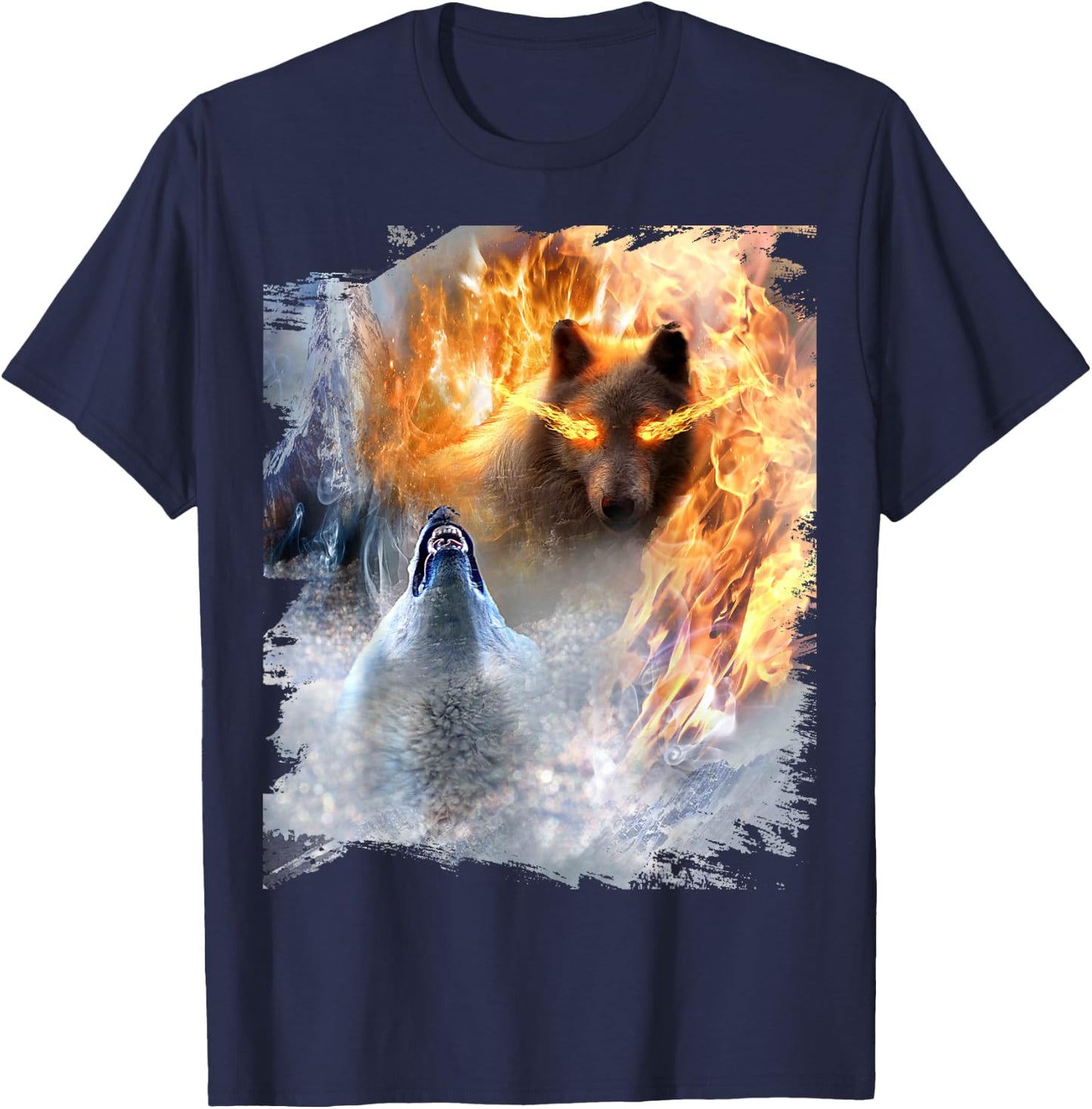 Fire And Ice Wolf Snowy Good And Evil Wolves T-Shirt - T-Shirt | Navy