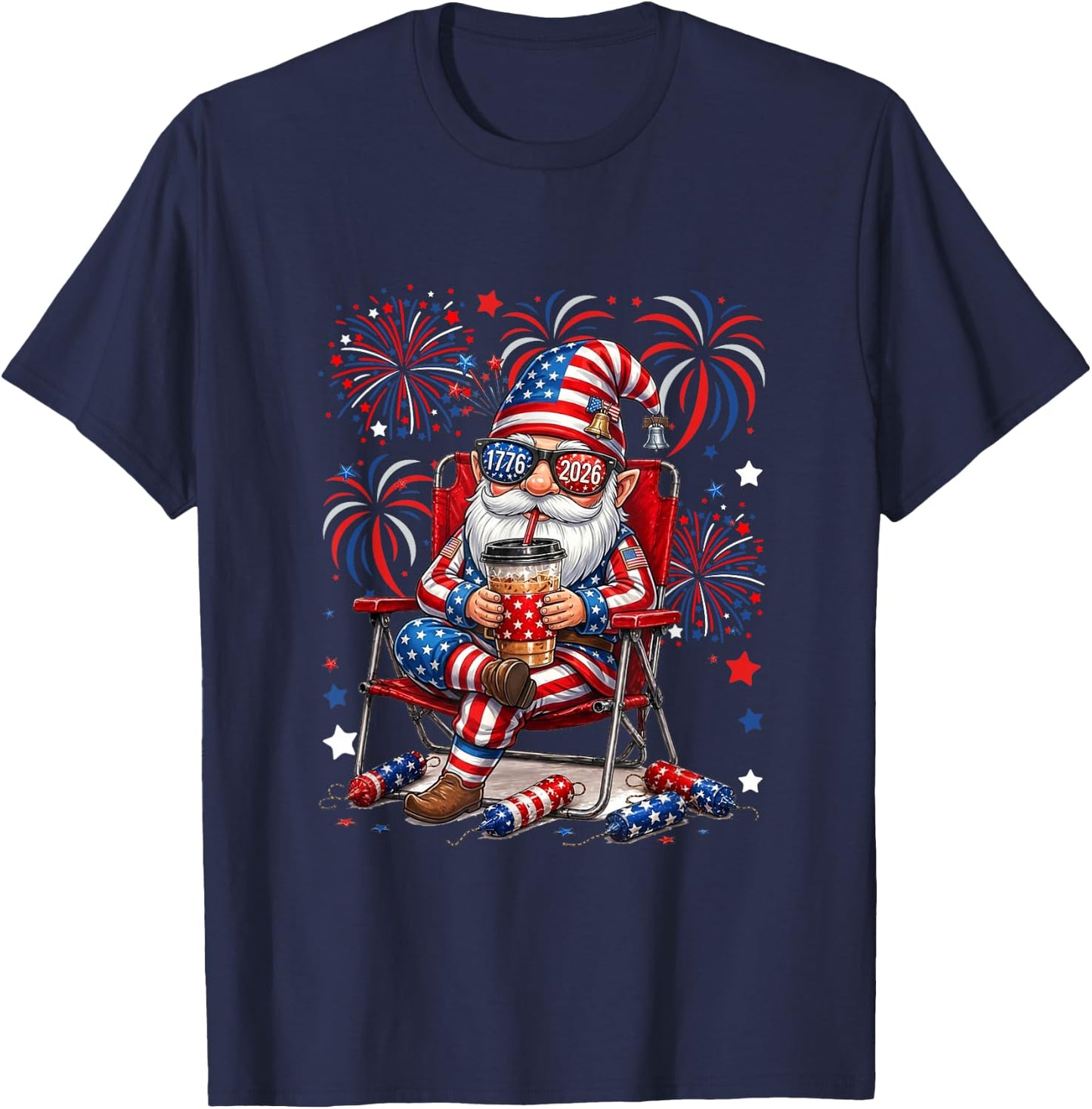 Gnome Sunglasses US Flag Drinking Coffee 4th July Patriotic T-Shirt - T-Shirt | Navy