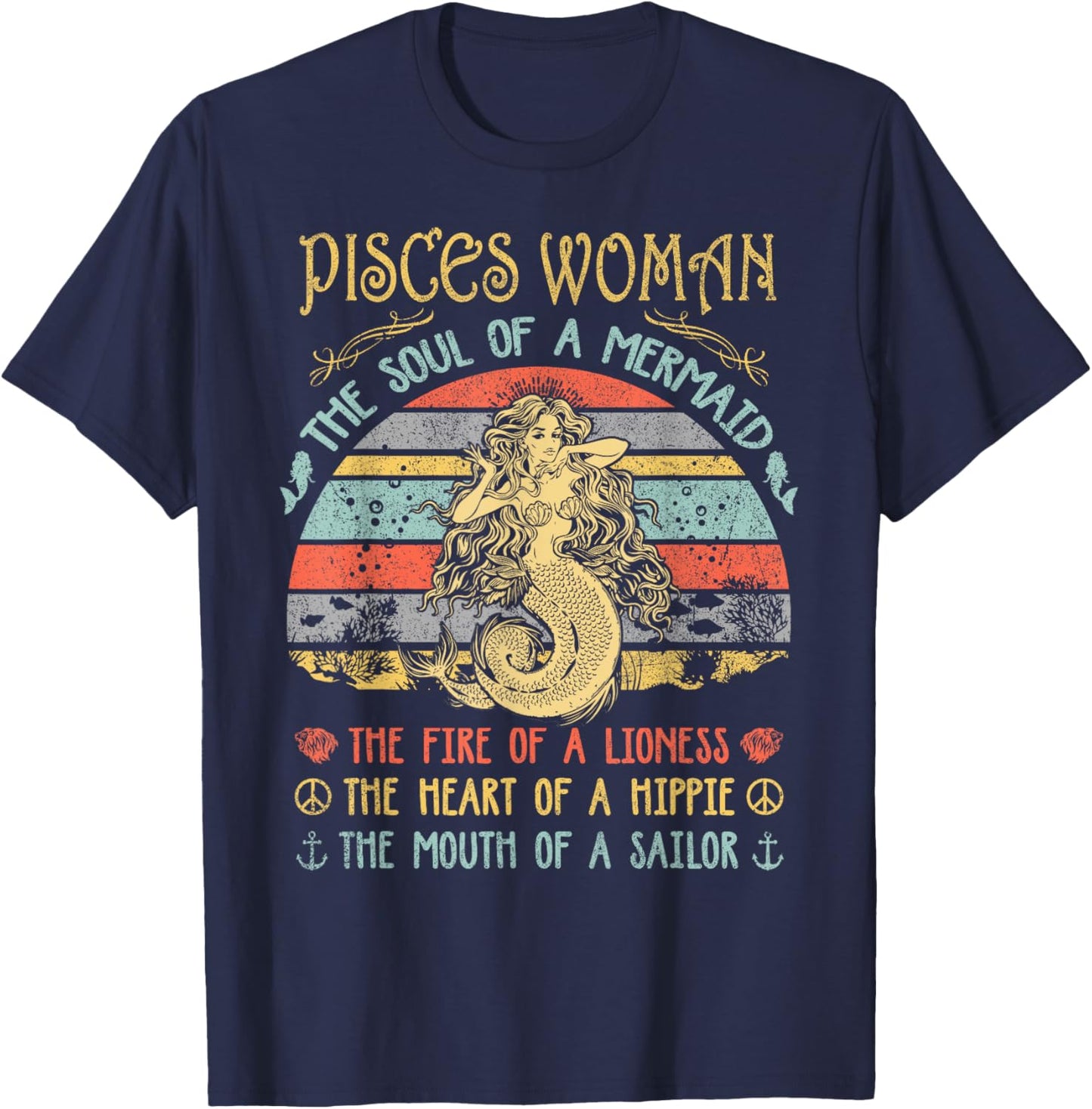 Pisces Woman The Soul Of A Mermaid Vintage Birthday T-Shirt - T-Shirt | Navy