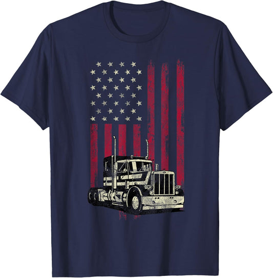 Trucker Vintage American Flag 4th Of July Gift T-Shirt - T-Shirt | Navy