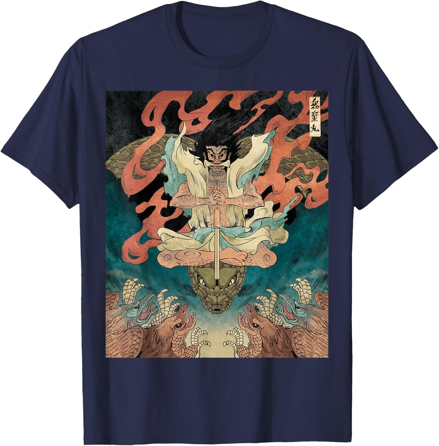 Japanese Vintage Artwork Tengu Gods Defeat Evil Snake Fan T-Shirt - T-Shirt | Navy