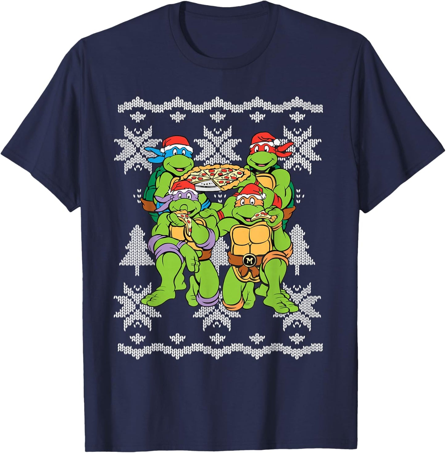 TMNT Ugly X-Mas Snow Flakes With Santa Hats T-Shirt - T-Shirt | Navy