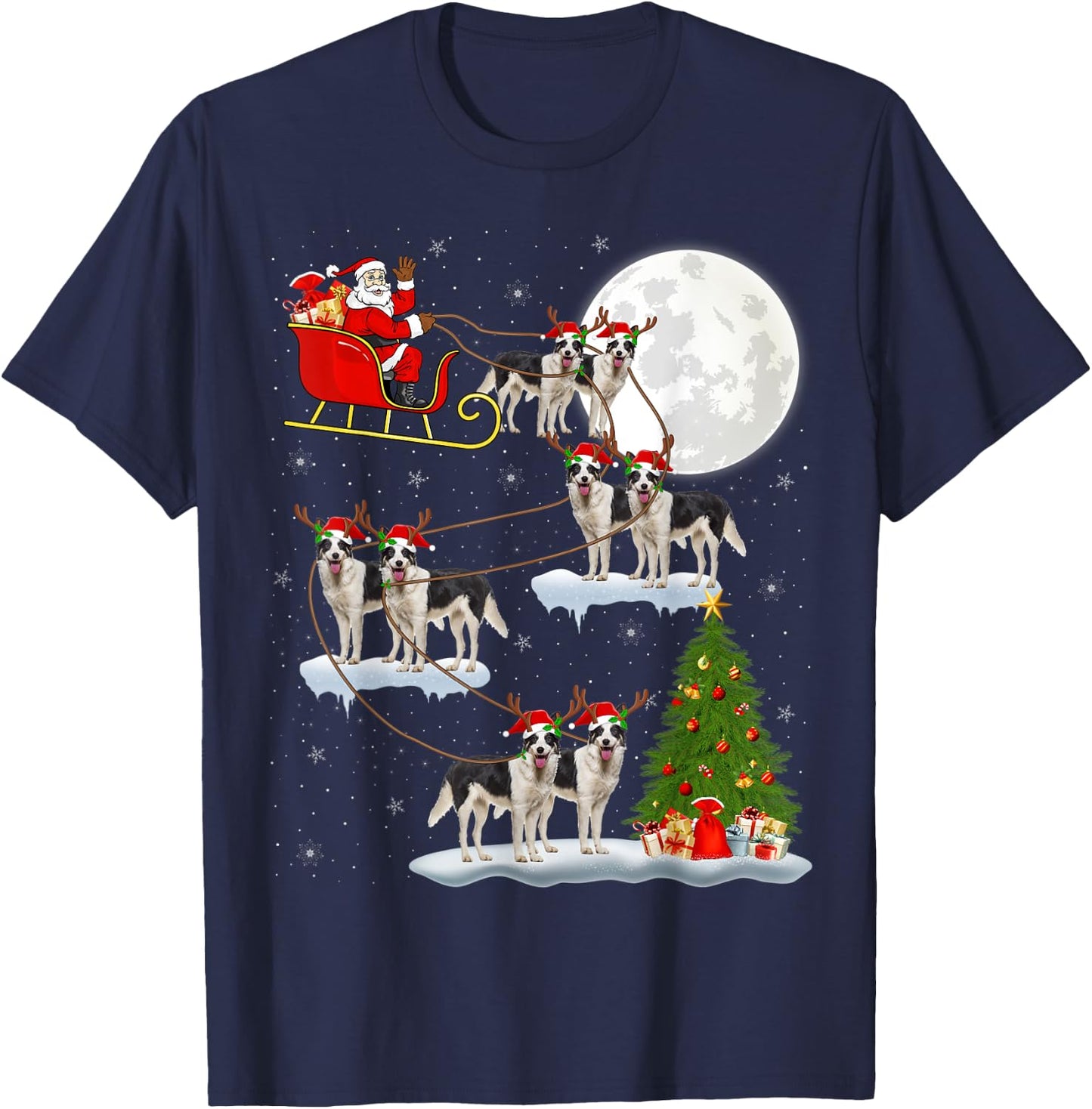 Xmas Lighting Tree Santa Riding Border Collie Christmas T-Shirt - T-Shirt | Navy