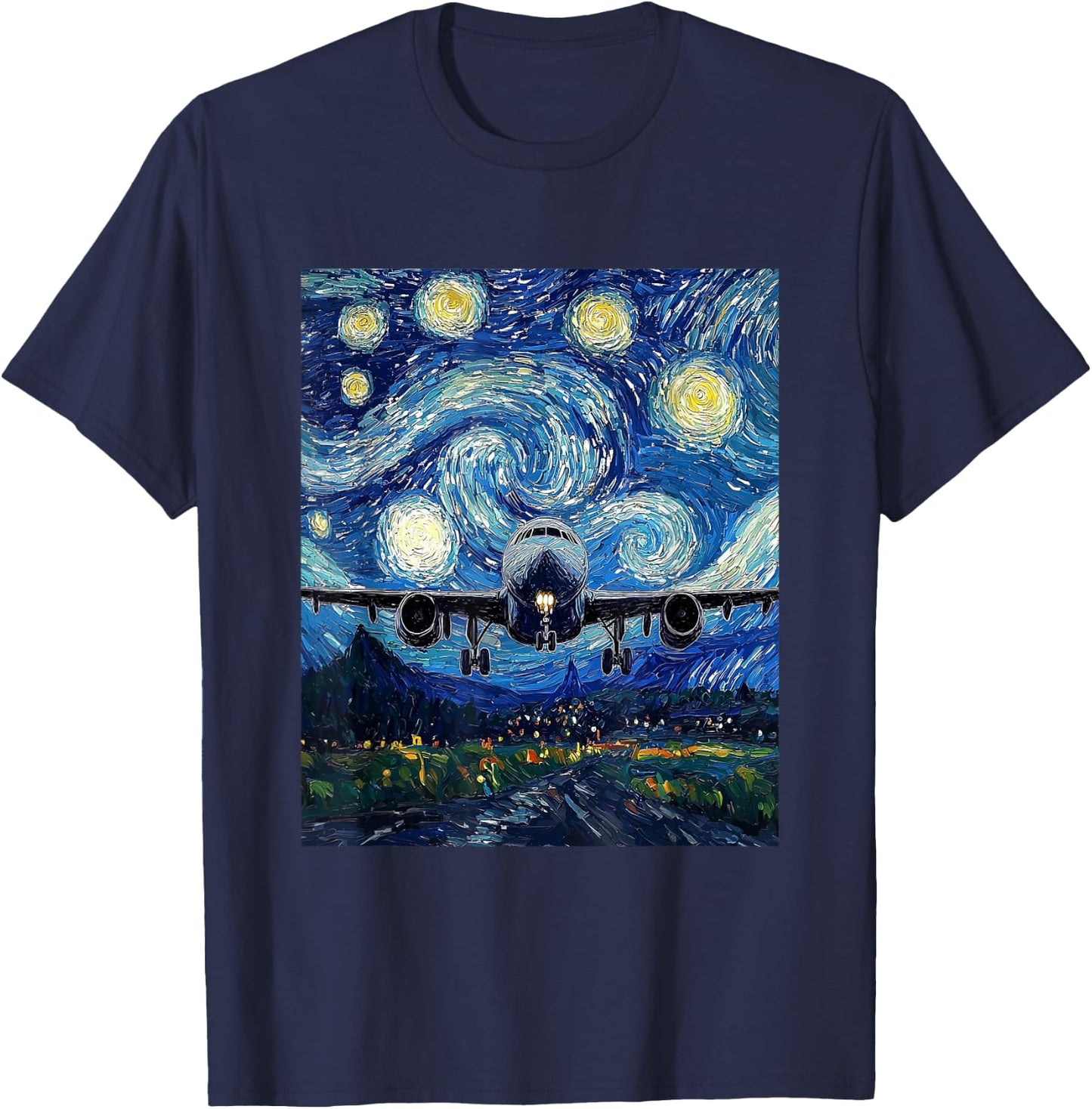 Airplane Flight Pilot Van Gogh Style Starry Night Graphic T-Shirt - T-Shirt | Navy