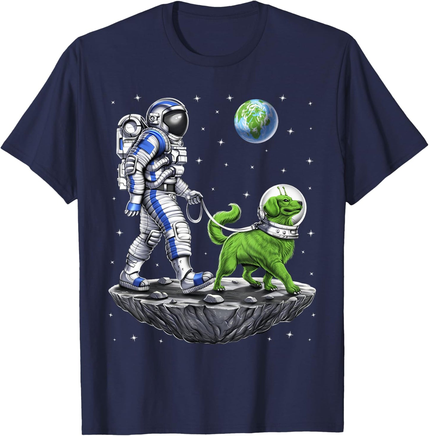 Space Astronaut Walking Alien Dog Planet Earth T-Shirt - T-Shirt | Navy