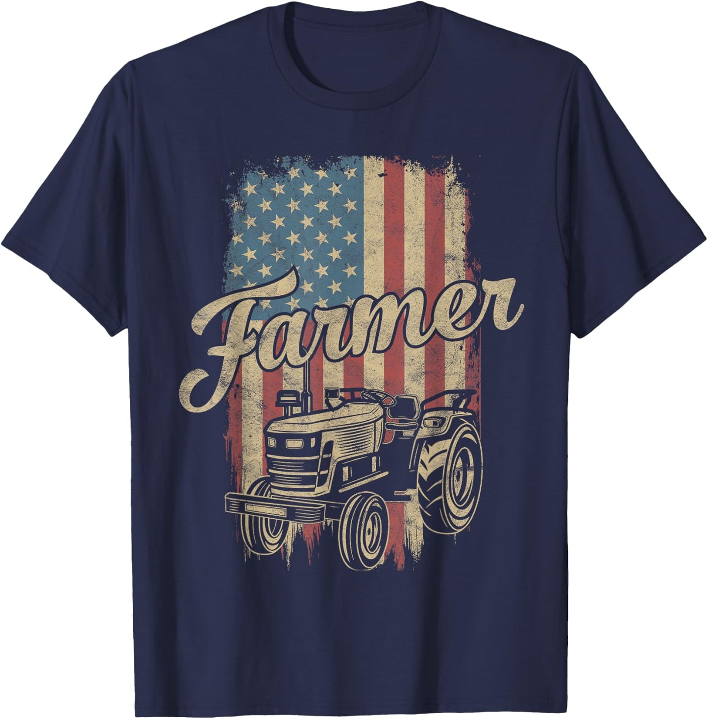 Farmer American Flag Retro Farming Tractor Usa Patrioticic Women Kids Men T-Shirt - T-Shirt | Navy