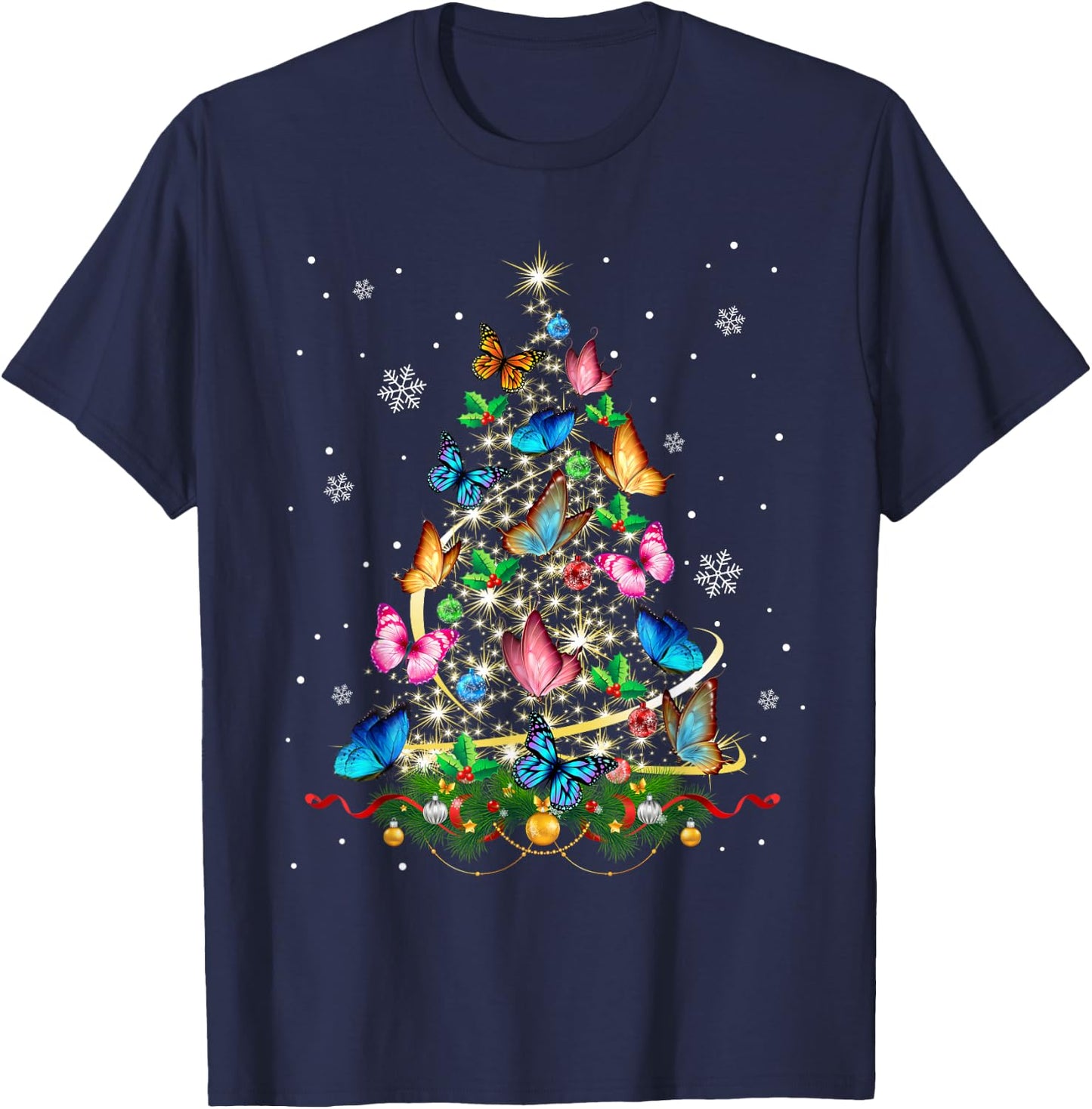 Butterfly Christmas Tree Lights Girl Xmas Pajama Butterfly T-Shirt - T-Shirt | Navy