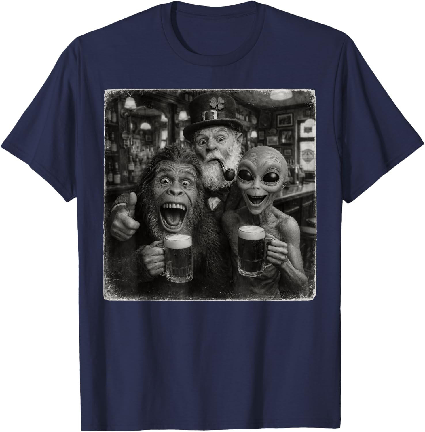 Alien Bigfoot Leprechaun Funny Selfie Squad Memes st Patrick T-Shirt - T-Shirt | Navy