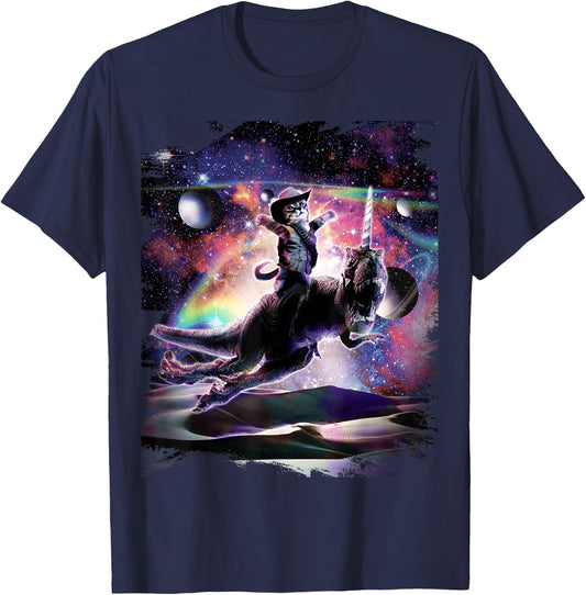 Galaxy Cat On Dinosaur Unicorn In Space T-Shirt - T-Shirt | Navy