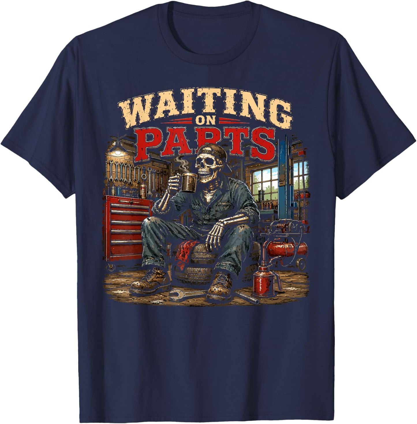 Mechanic Men Auto Repair Waiting on Parts Car Technician T-Shirt - T-Shirt | Navy