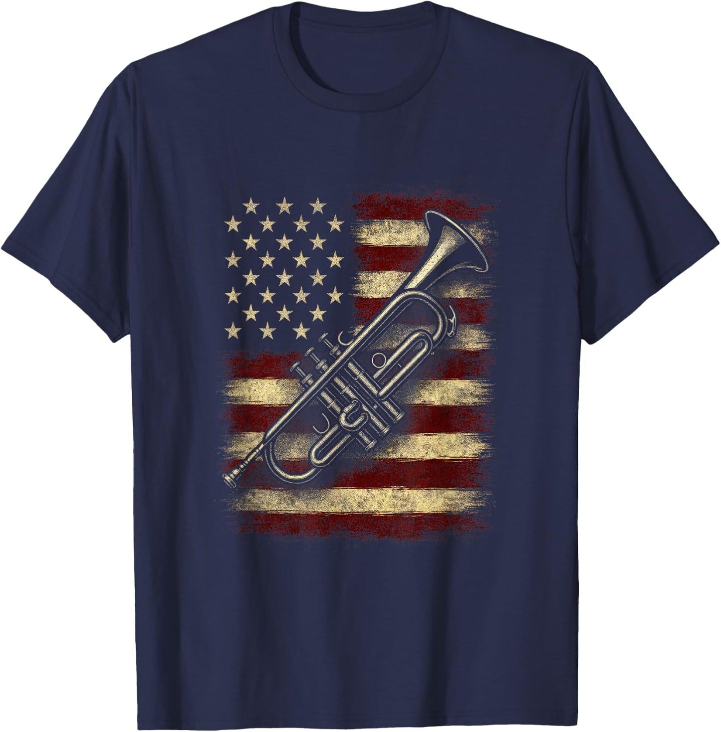 USA Flag with Brass Instrument - Retro American Music T-Shirt - T-Shirt | Navy