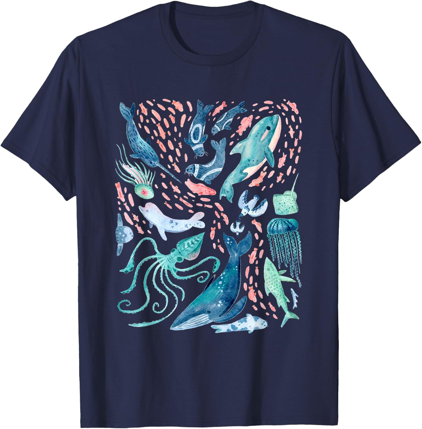 Watercolor Arctic Whales Fish Beluga Narwhal Squid Jellyfish T-Shirt - T-Shirt | Navy