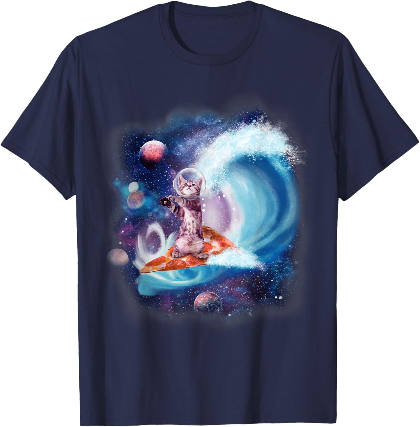 Cat Wearing Helmet Surfing On Pizza Surfboard Funny Men Women Kids T-Shirt - T-Shirt | Navy