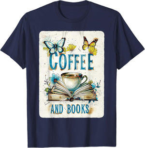 Coffee And Books Vintage Floral Book Reader Bookish T-Shirt - T-Shirt | Navy