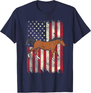 American Flag Horse Vintage Patriotic Equestrian Men Women T-Shirt - T-Shirt | Navy