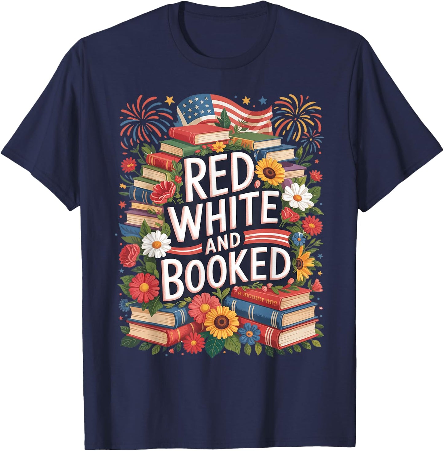 Retro Floral Red White & Booked Library Reading 4th Of July T-Shirt - T-Shirt | Navy